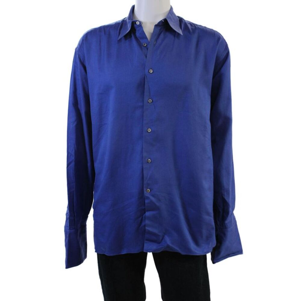 Lorenzini Mens Point Collar Dress Shirt Blue Egyptian Cotton Long Sleeve Size M